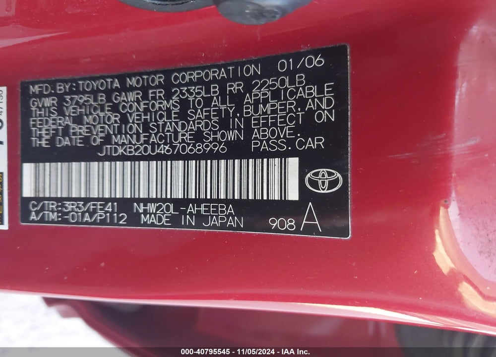 2006 TOYOTA PRIUS VIN: JTDKB20U467068996