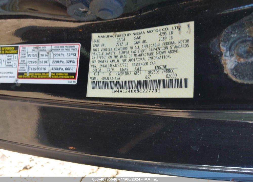 2008 NISSAN ALTIMA 2.5 S VIN: 1N4AL24EX8C227791