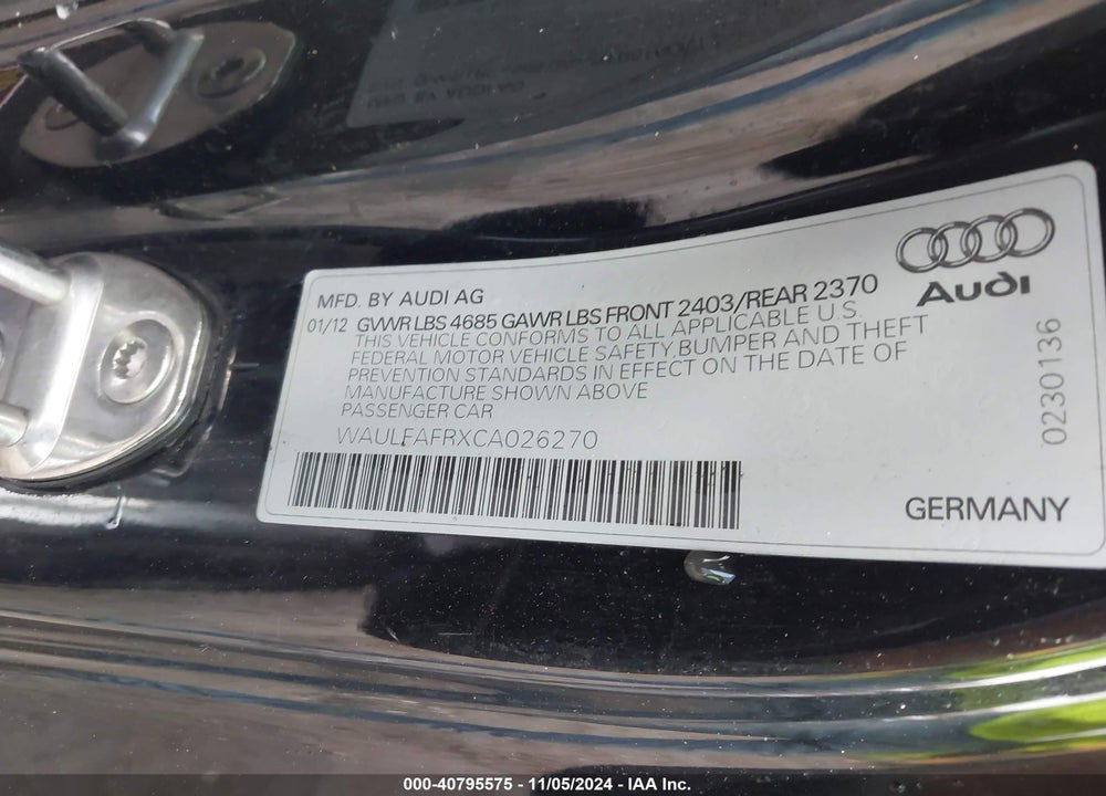 2012 AUDI A5 2.0T PREMIUM VIN: WAULFAFRXCA026270