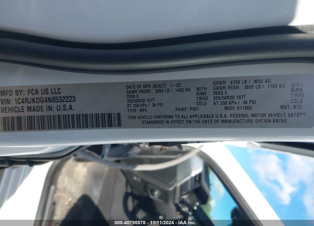2022 JEEP GRAND CHEROKEE L OVERLAND 4X4 VIN: 1C4RJKDG4N8532223
