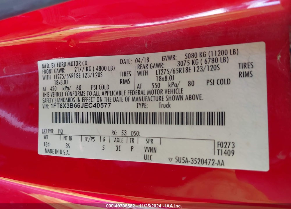 2018 FORD F-350 XLT VIN: 1FT8X3B66JEC40577