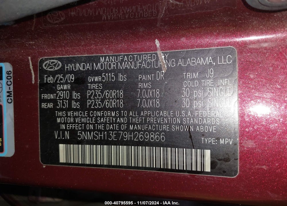2009 HYUNDAI SANTA FE LIMITED VIN: 5NMSH13E79H269866