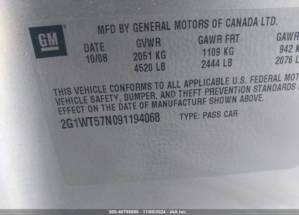2009 CHEVROLET IMPALA LT VIN: 2G1WT57N091194068