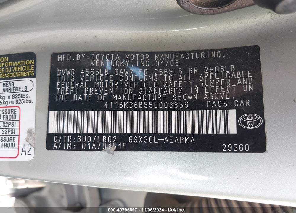 2005 TOYOTA AVALON LIMITED VIN: 4T1BK36B55U003856