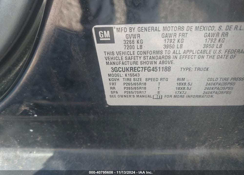 2015 CHEVROLET SILVERADO 1500 2LT VIN: 3GCUKREC7FG451188