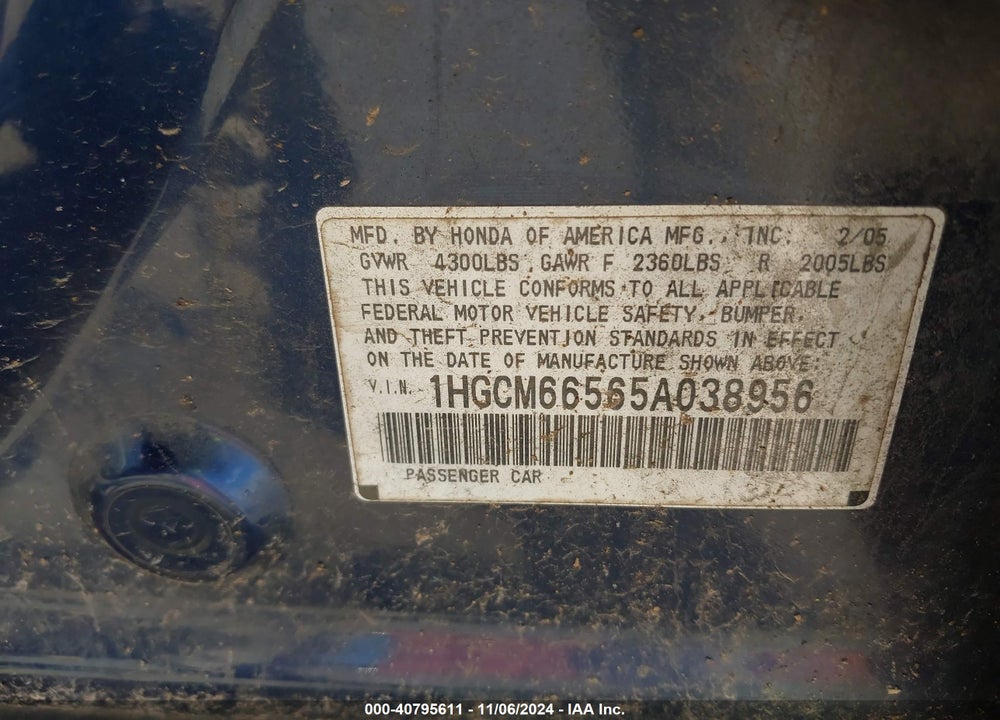 2005 HONDA ACCORD 3.0 EX VIN: 1HGCM66565A038956