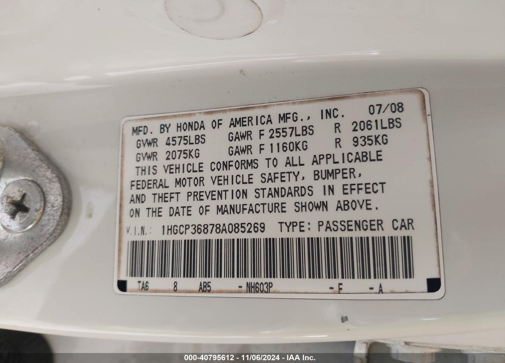 2008 HONDA ACCORD 3.5 EX-L VIN: 1HGCP36878A085269