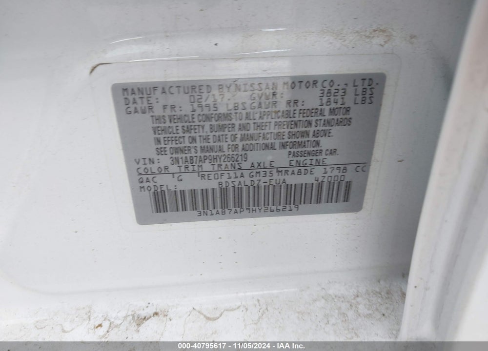 2017 NISSAN SENTRA SV VIN: 3N1AB7AP9HY266219