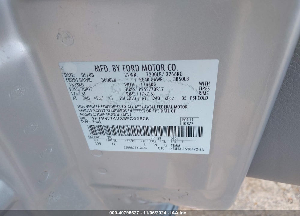2008 FORD F-150 VIN: 1FTPW14VX8FC09506