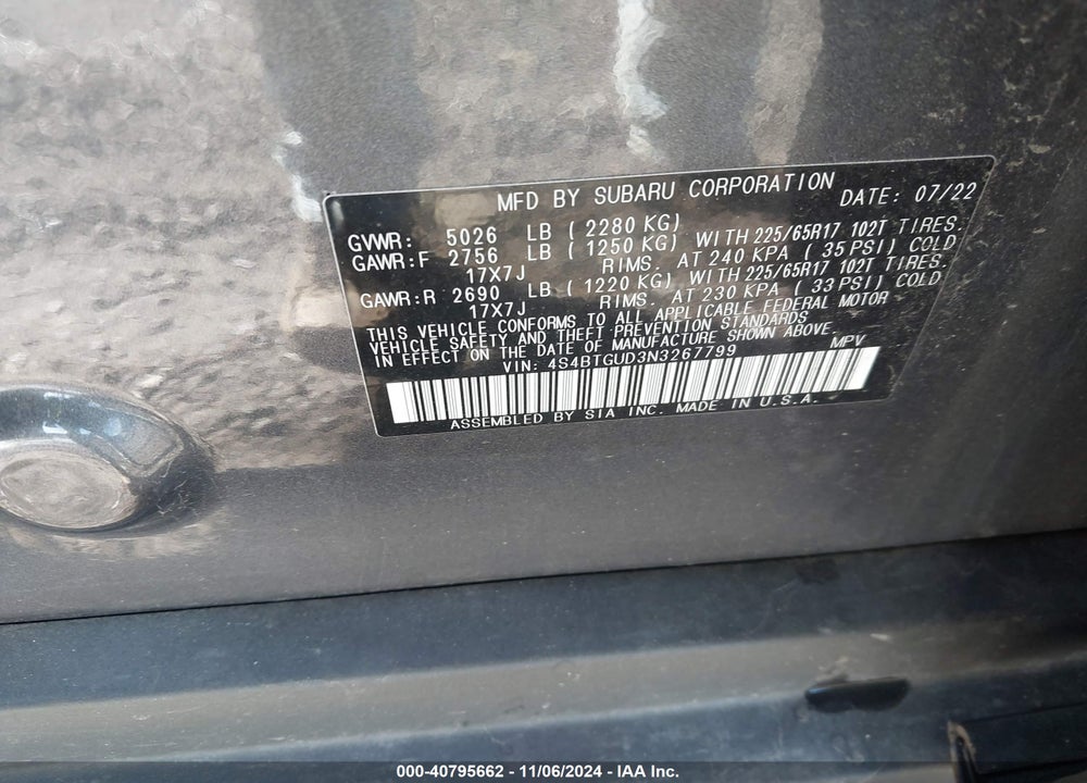 2022 SUBARU OUTBACK WILDERNESS VIN: 4S4BTGUD3N3267799