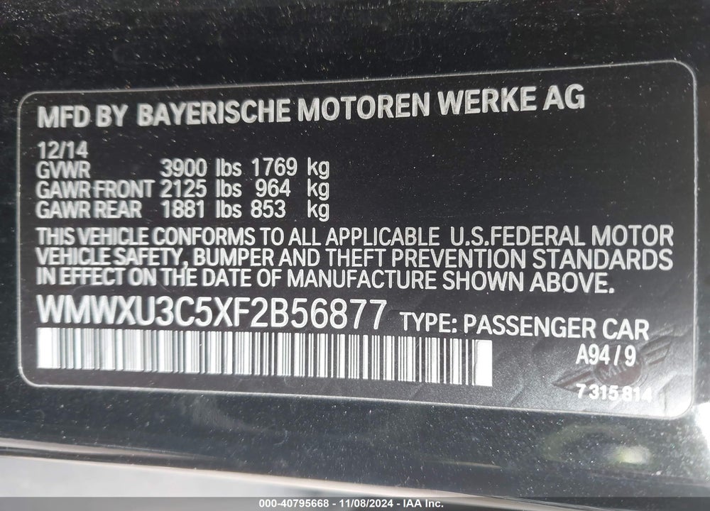 2015 MINI COOPER S VIN: WMWXU3C5XF2B56877