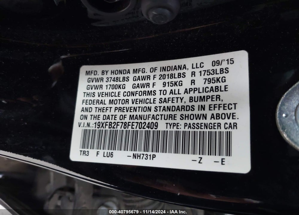 2015 HONDA CIVIC SE VIN: 19XFB2F78FE702409