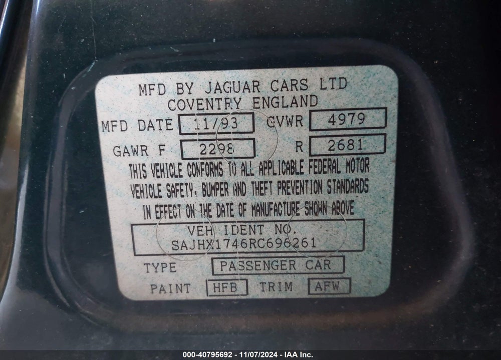 1994 JAGUAR XJ6 VIN: SAJHX1746RC696261