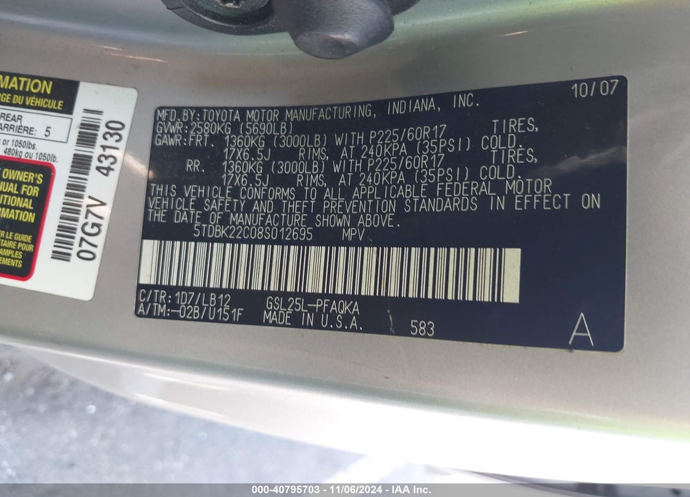 2008 TOYOTA SIENNA LIMITED VIN: 5TDBK22C08S012695