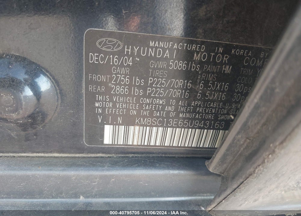 2005 HYUNDAI SANTA FE GLS/LX VIN: KM8SC13E65U943163