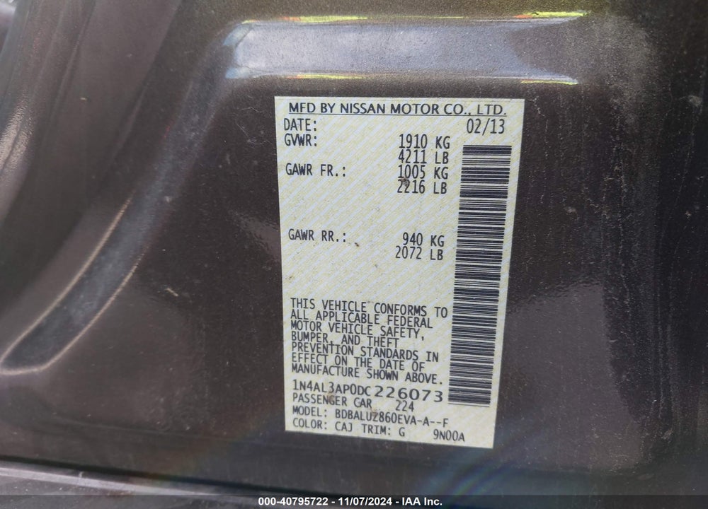 2013 NISSAN ALTIMA 2.5 SV VIN: 1N4AL3AP0DC226073