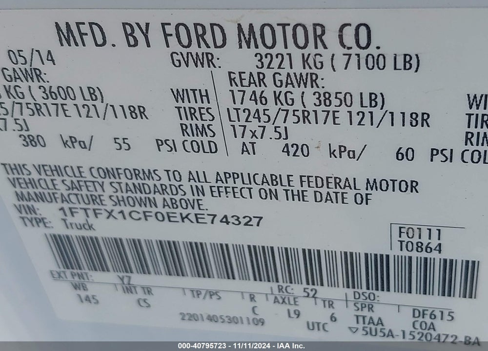 2014 FORD F-150 XL VIN: 1FTFX1CF0EKE74327