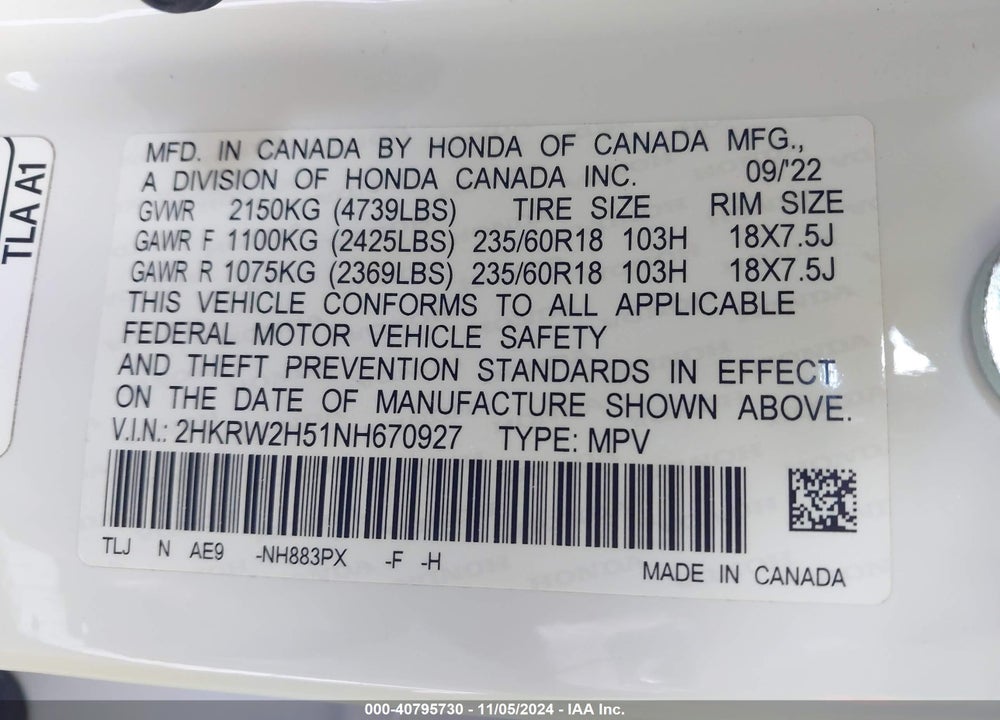 2022 HONDA CR-V AWD EX VIN: 2HKRW2H51NH670927