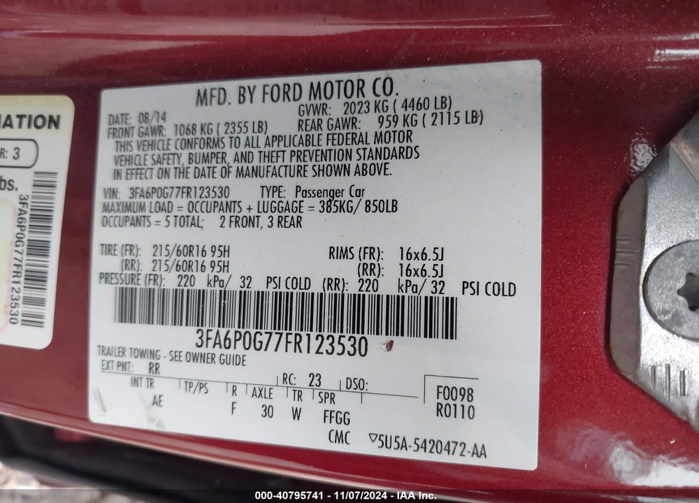 2015 FORD FUSION S VIN: 3FA6P0G77FR123530