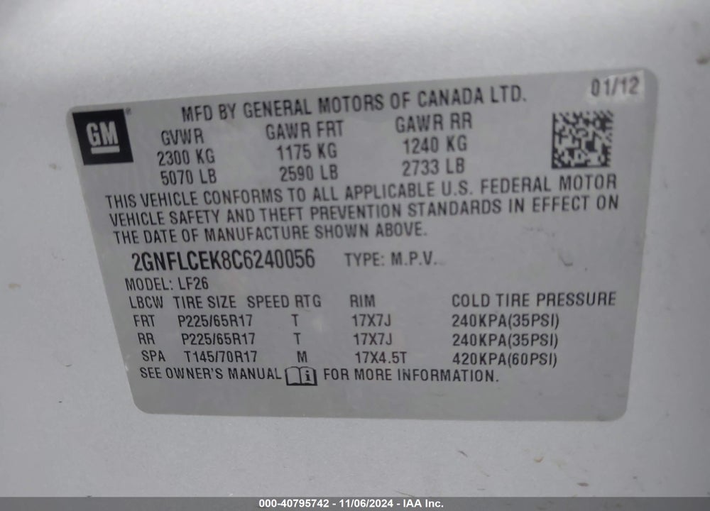 2012 CHEVROLET EQUINOX LS VIN: 2GNFLCEK8C6240056