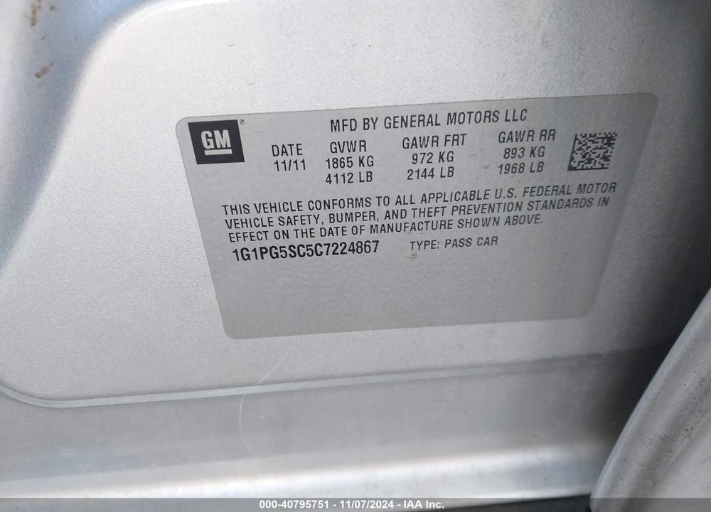 2012 CHEVROLET CRUZE 2LT VIN: 1G1PG5SC5C7224867