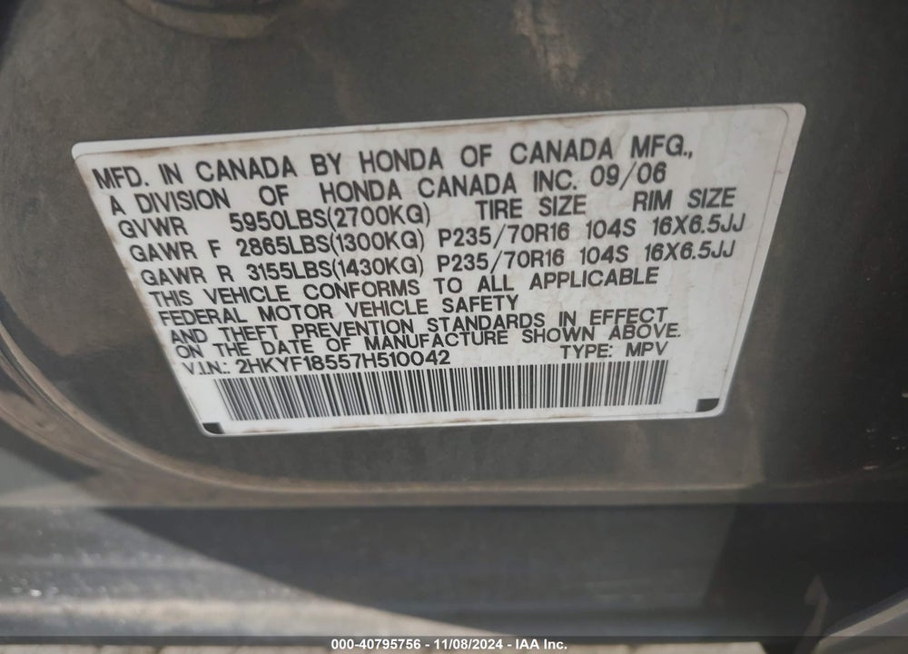 2007 HONDA PILOT EX-L VIN: 2HKYF18557H510042