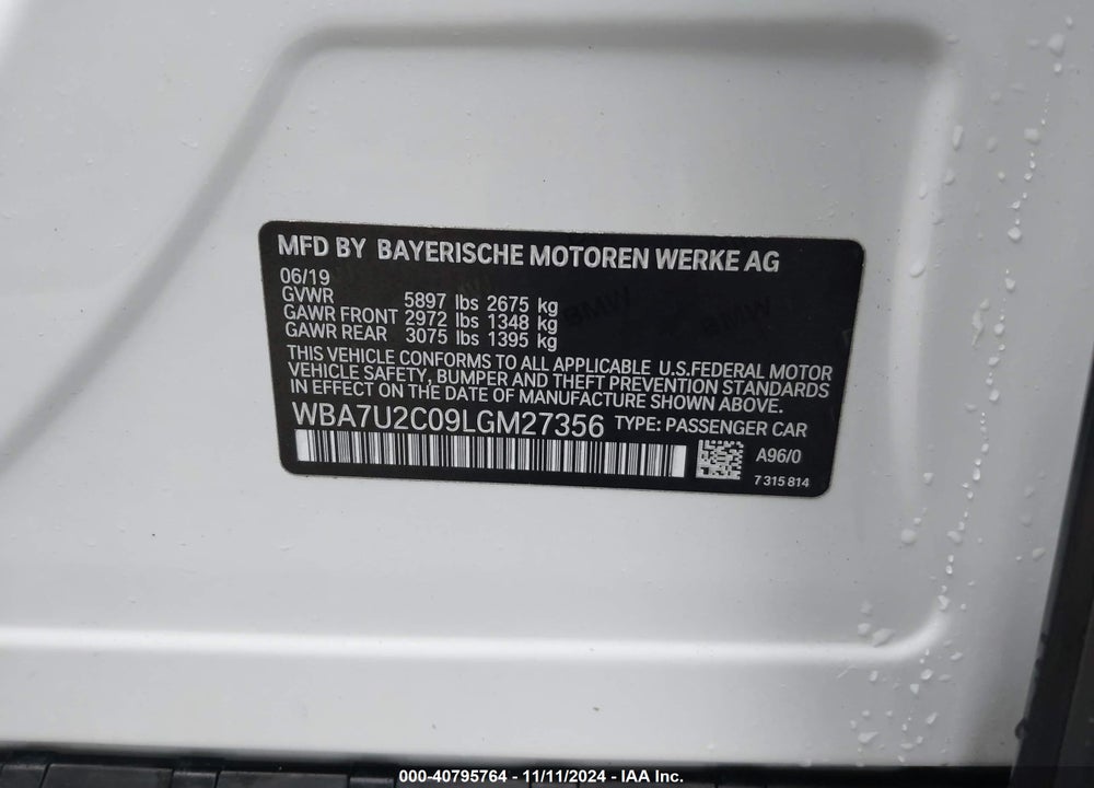 2020 BMW 750I XDRIVE VIN: WBA7U2C09LGM27356
