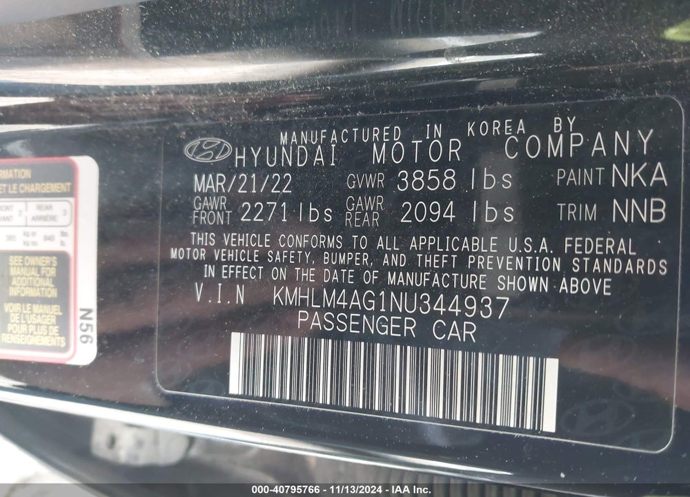 2022 HYUNDAI ELANTRA SEL VIN: KMHLM4AG1NU344937
