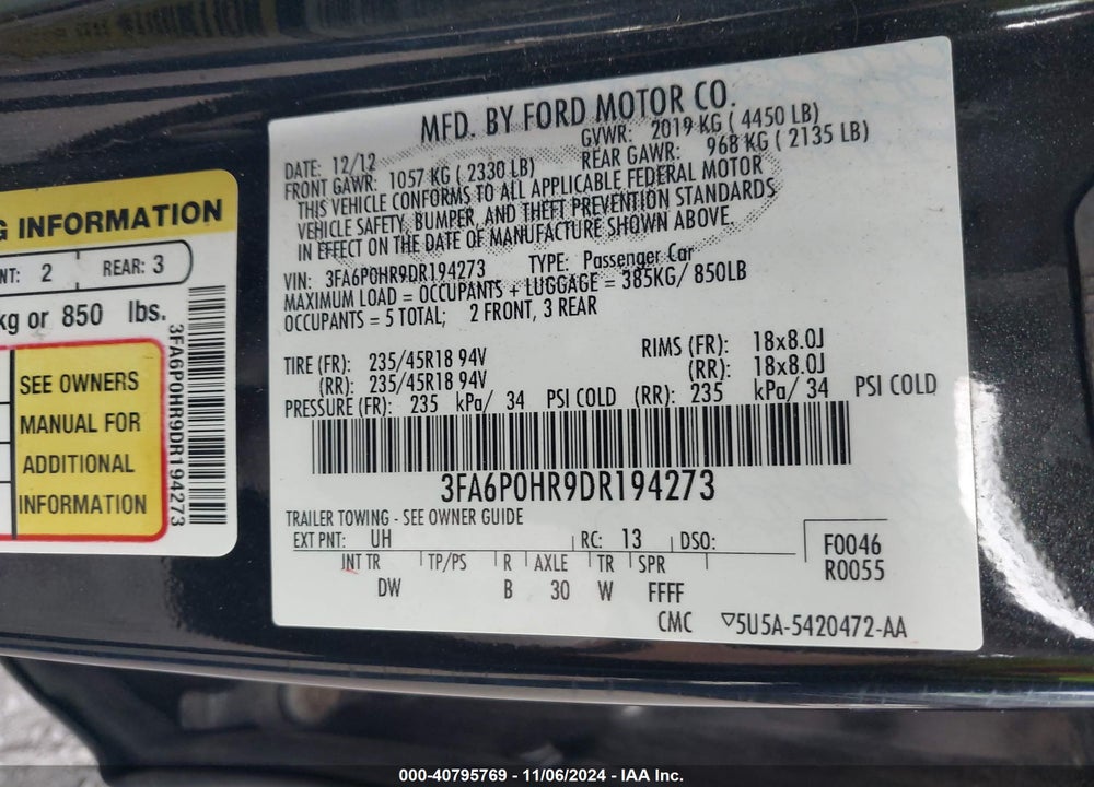 2013 FORD FUSION SE VIN: 3FA6P0HR9DR194273