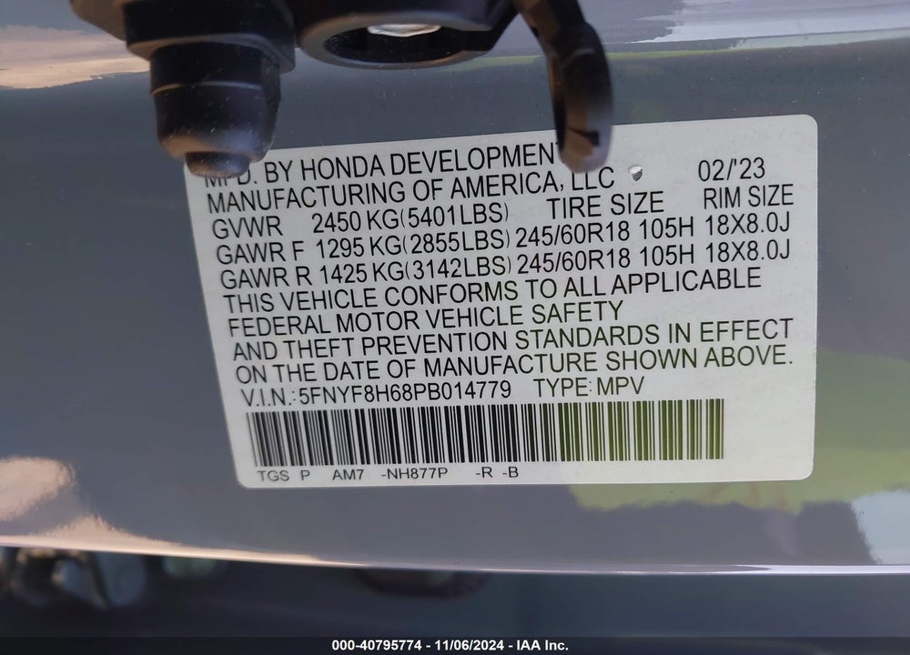 2023 HONDA PASSPORT VIN: 5FNYF8H68PB014779
