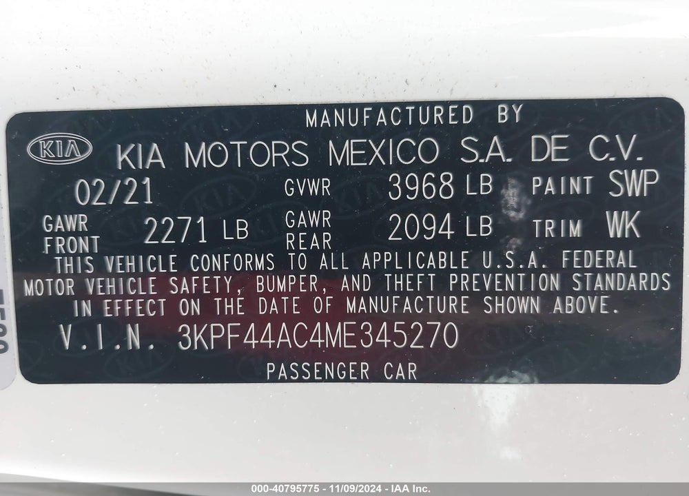2021 KIA FORTE GT VIN: 3KPF44AC4ME345270
