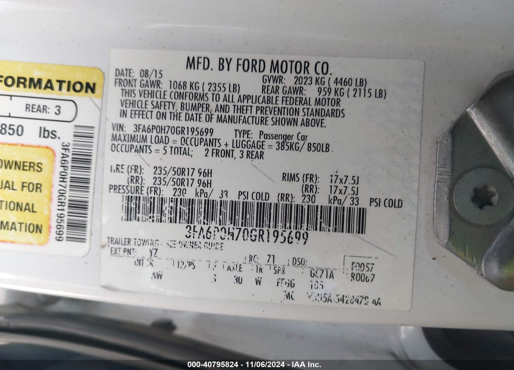 2016 FORD FUSION SE VIN: 3FA6P0H70GR195699