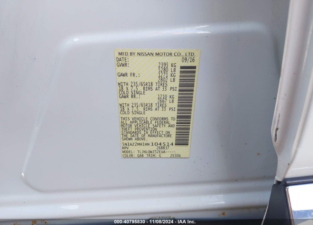 2017 NISSAN MURANO VIN: 5N1AZ2MH1HN104514