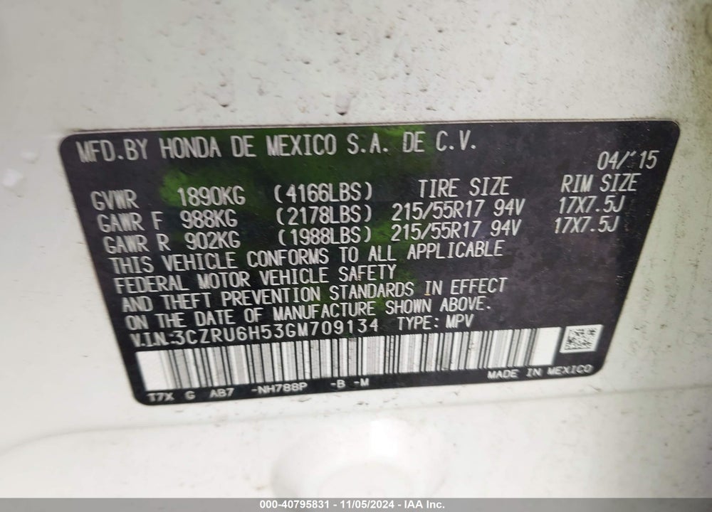 2016 HONDA HR-V EX VIN: 3CZRU6H53GM709134
