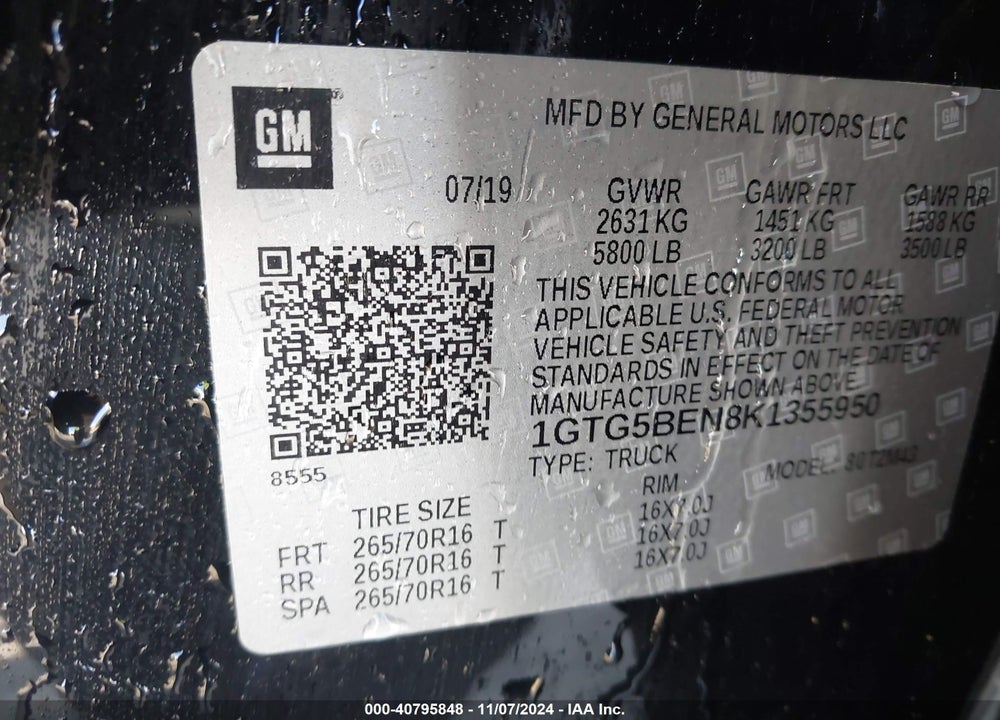 2019 GMC CANYON VIN: 1GTG5BEN8K1355950