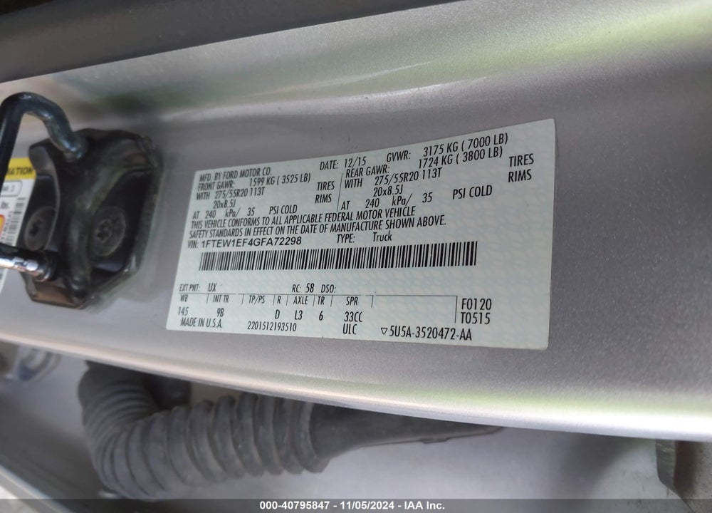 2016 FORD F-150 PLATINUM VIN: 1FTEW1EF4GFA72298