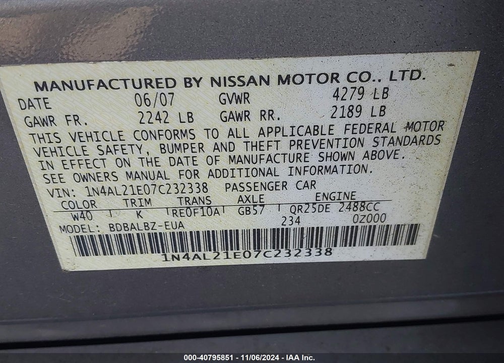 2007 NISSAN ALTIMA 2.5 S VIN: 1N4AL21E07C232338