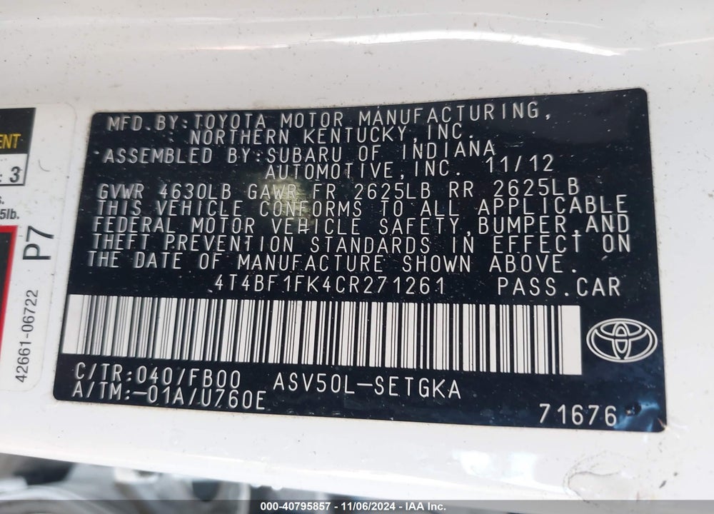 2012 TOYOTA CAMRY XLE VIN: 4T4BF1FK4CR271261