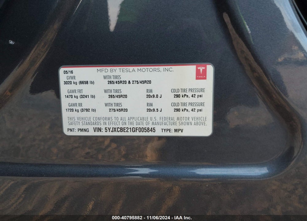 2016 TESLA MODEL X 60D/70D/75D/90D/P100D VIN: 5YJXCBE21GF005845