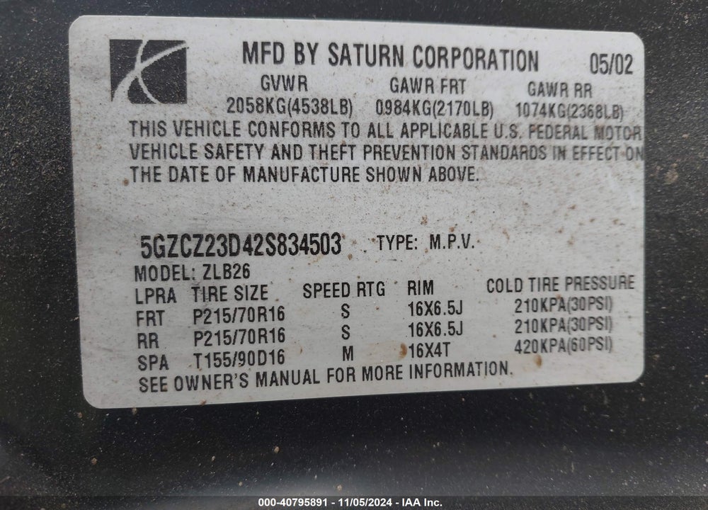 2002 SATURN VUE 4 CYL VIN: 5GZCZ23D42S834503