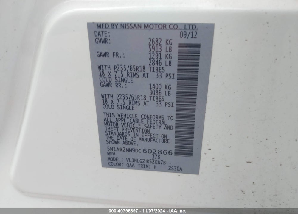 2013 NISSAN PATHFINDER SL VIN: 5N1AR2MM9DC602866