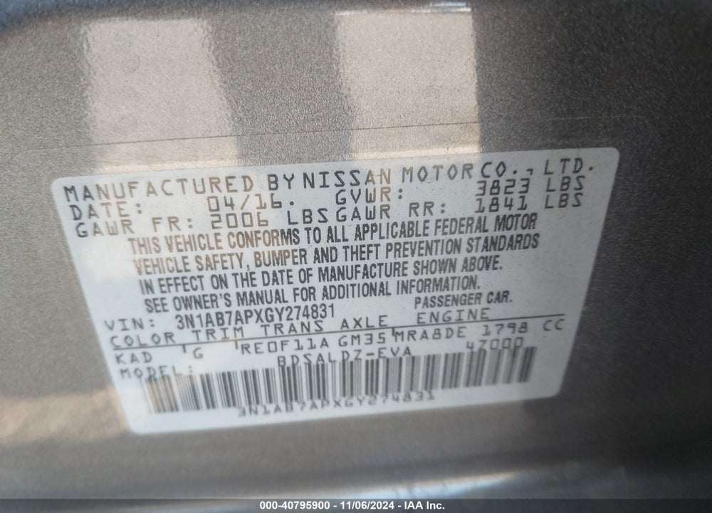 2016 NISSAN SENTRA SV VIN: 3N1AB7APXGY274831