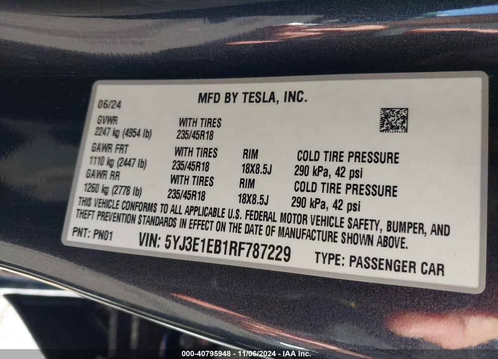 2024 TESLA MODEL 3 LONG RANGE DUAL MOTOR ALL-WHEEL DRIVE VIN: 5YJ3E1EB1RF787229