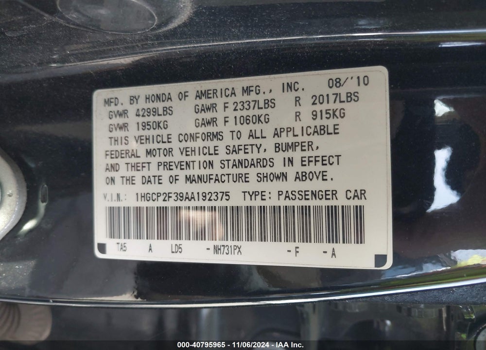 2010 HONDA ACCORD 2.4 LX VIN: 1HGCP2F39AA192375