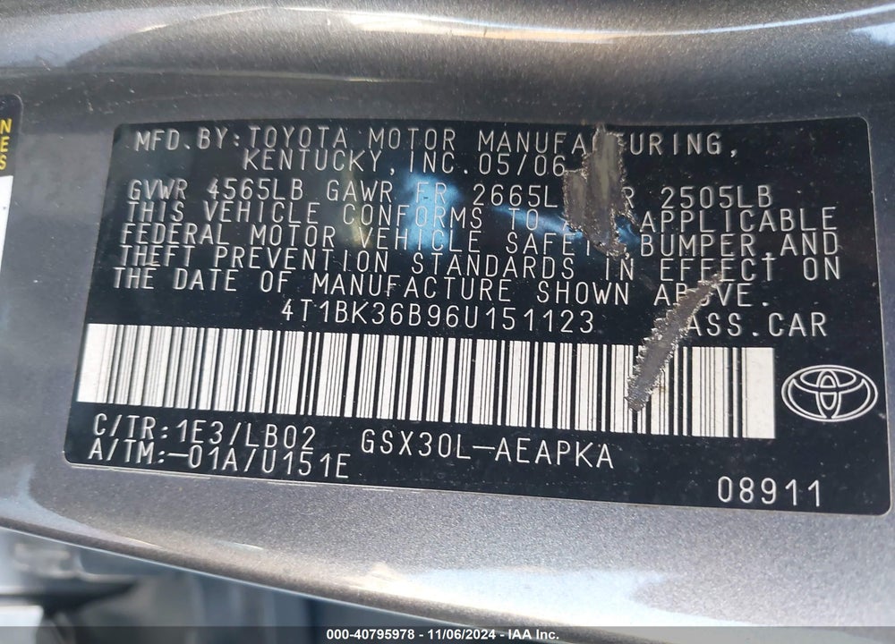 2006 TOYOTA AVALON LIMITED VIN: 4T1BK36B96U151123