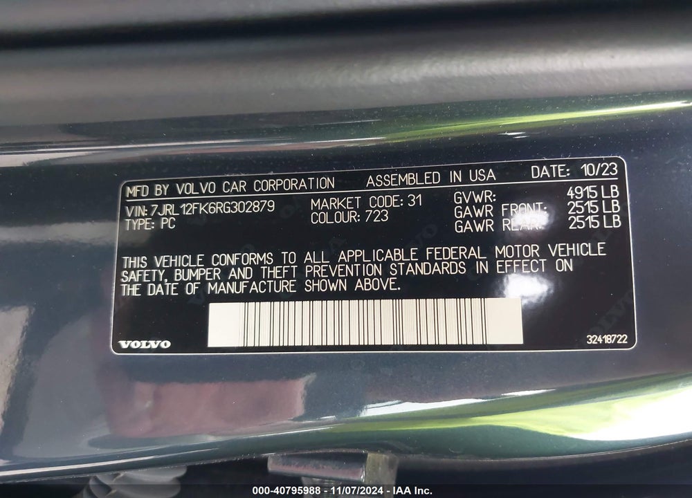 2024 VOLVO S60 B5 CORE DARK THEME VIN: 7JRL12FK6RG302879