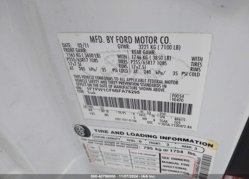 2011 FORD F-150 XLT VIN: 1FTFW1CF6BFA78295
