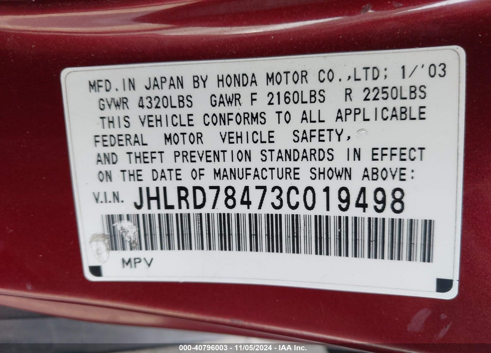 2003 HONDA CR-V LX VIN: JHLRD78473C019498