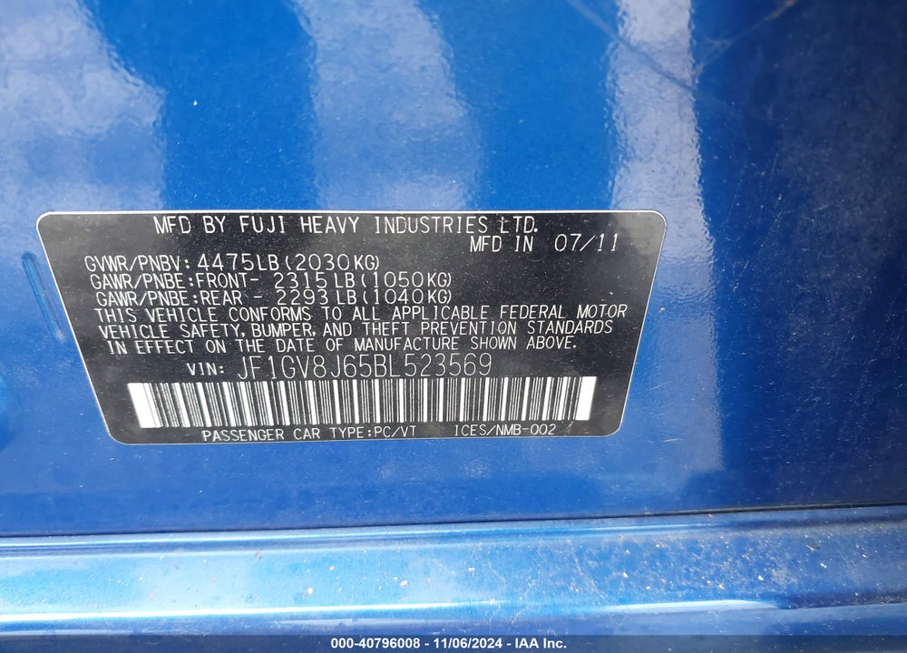 2011 SUBARU IMPREZA WRX STI VIN: JF1GV8J65BL523569