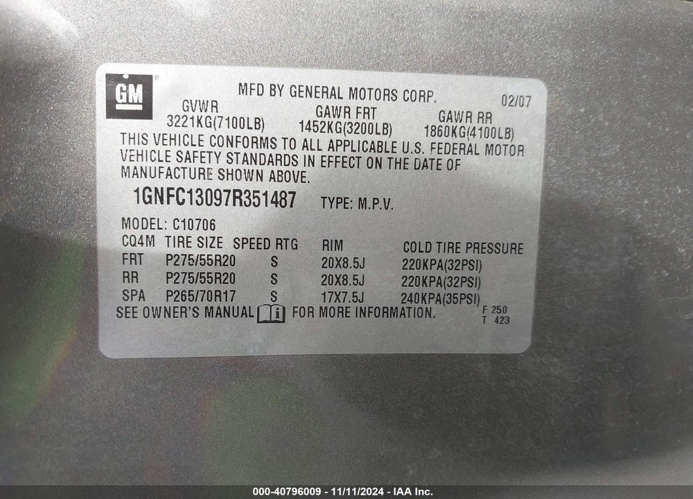 2007 CHEVROLET TAHOE LTZ VIN: 1GNFC13097R351487